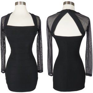 Vintage 90s Bandage Bodycon Black Tight Fit Cocktail Party Dress XXS XS